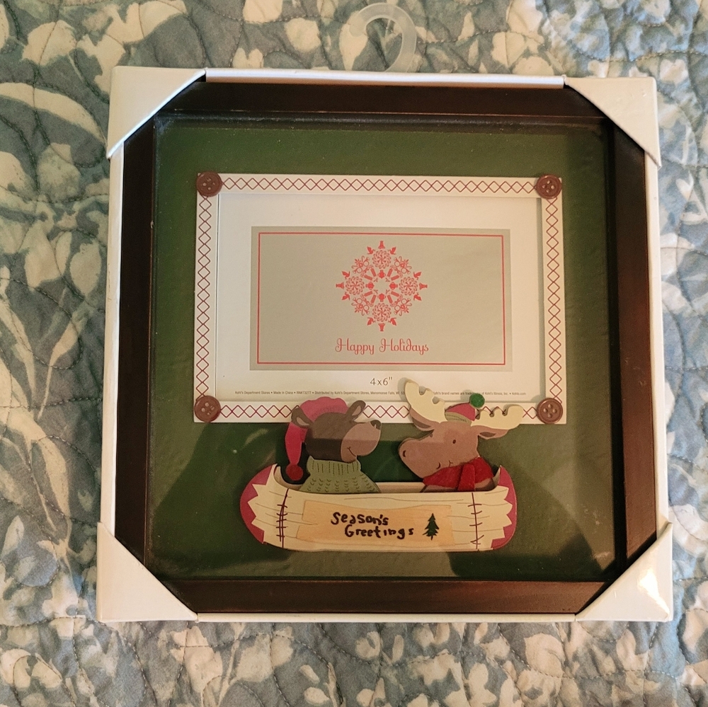 Festive Holiday Photo Frame with Moose And Bear In Canoe.  Shadow Box 8 X 8.
